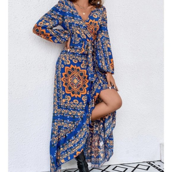 Boho Floral Lantern Sleeve Ruffle Trim Maxi Dress blue - Picture 5 of 6